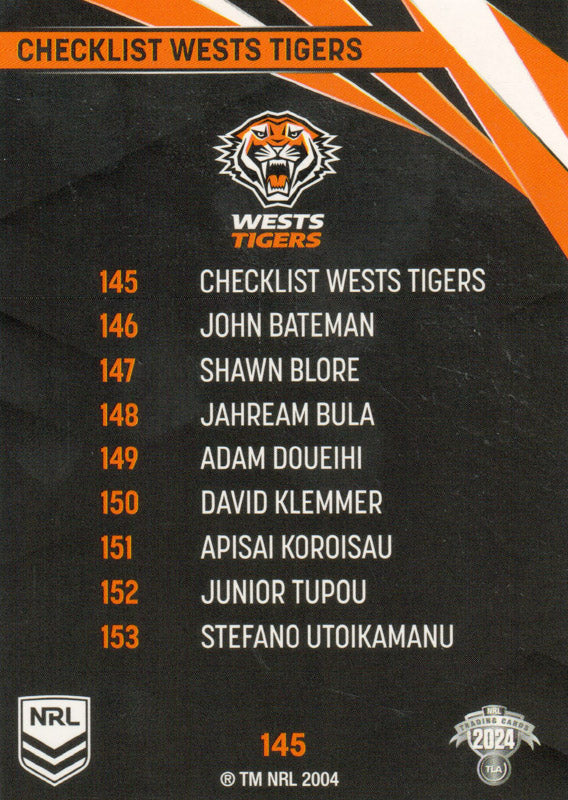 2024 NRL Traders - Common - 145 - Wests Tiger Checklist - Wests Tigers ...