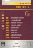 2025 NRL Elite - Base - 001 - Broncos Checklist - Broncos