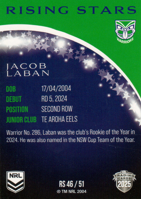 2025 NRL Traders - Rising Stars - RS 46 - Jacob Laban - New Zealand Wa ...