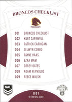 2023 NRL Elite Common Card - 001 - Brisbane Broncos Checklist - Brisbane Broncos