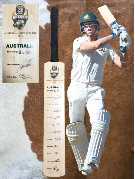 2016 ODI v New Zealand - Aust Team Signed Bat (Smith & Warner records)