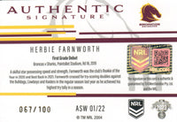 2023 NRL Titanium Authentics Signature White - ASW 01 - Herbie Farnworth - 67/100