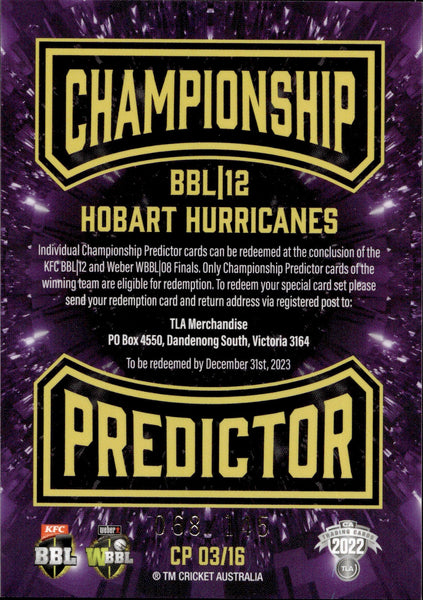2022-23 Cricket Traders Championship Predictor - CP 3 - Hobart Hurricanes - 068/145