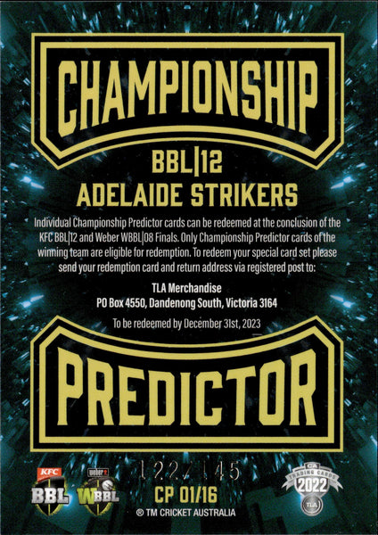 2022-23 Cricket Traders Championship Predictor - CP 1 - Adelaide Strikers - 122/145